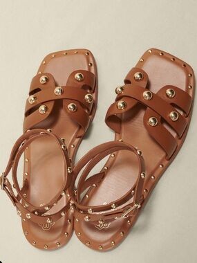 Maje Studded Leather Flat Ankle Strap Sandals Size EU 40 Tan